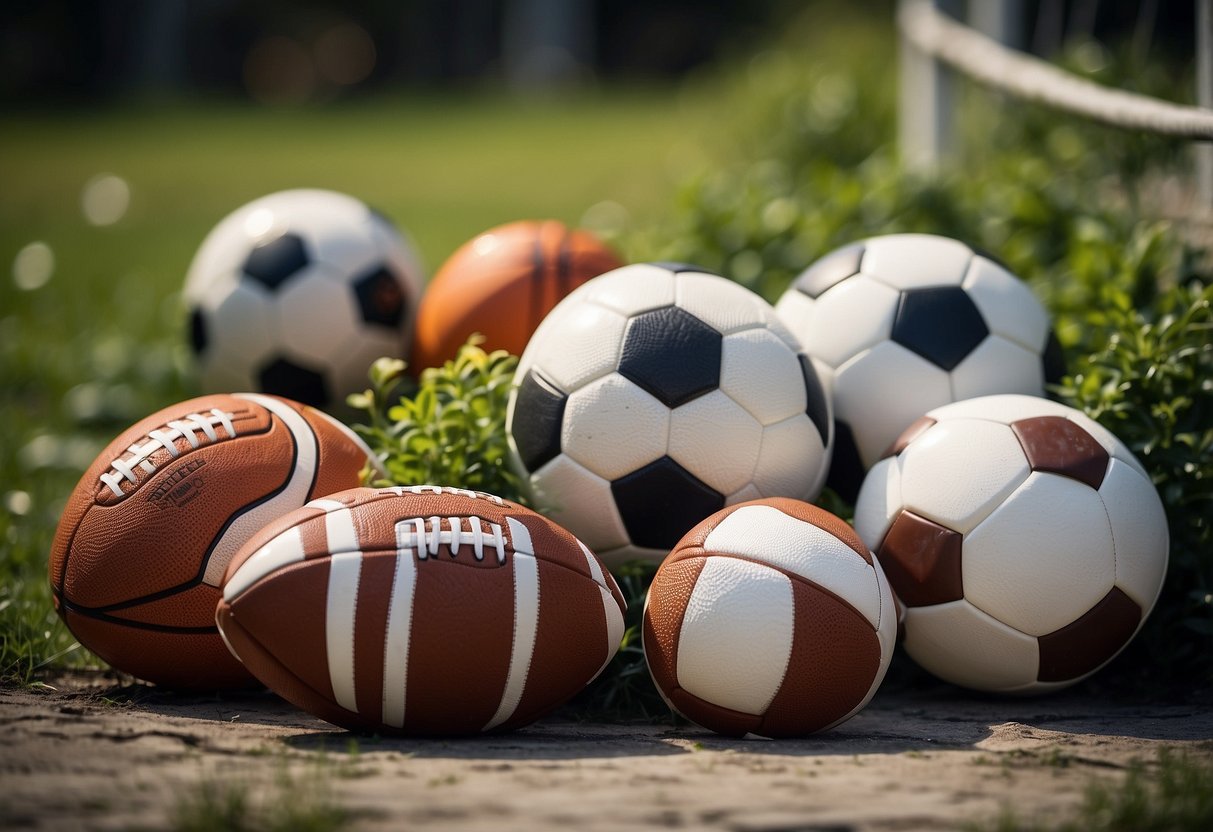 A garden filled with sports equipment like soccer balls, basketball hoops, and safety gear like helmets and pads scattered around