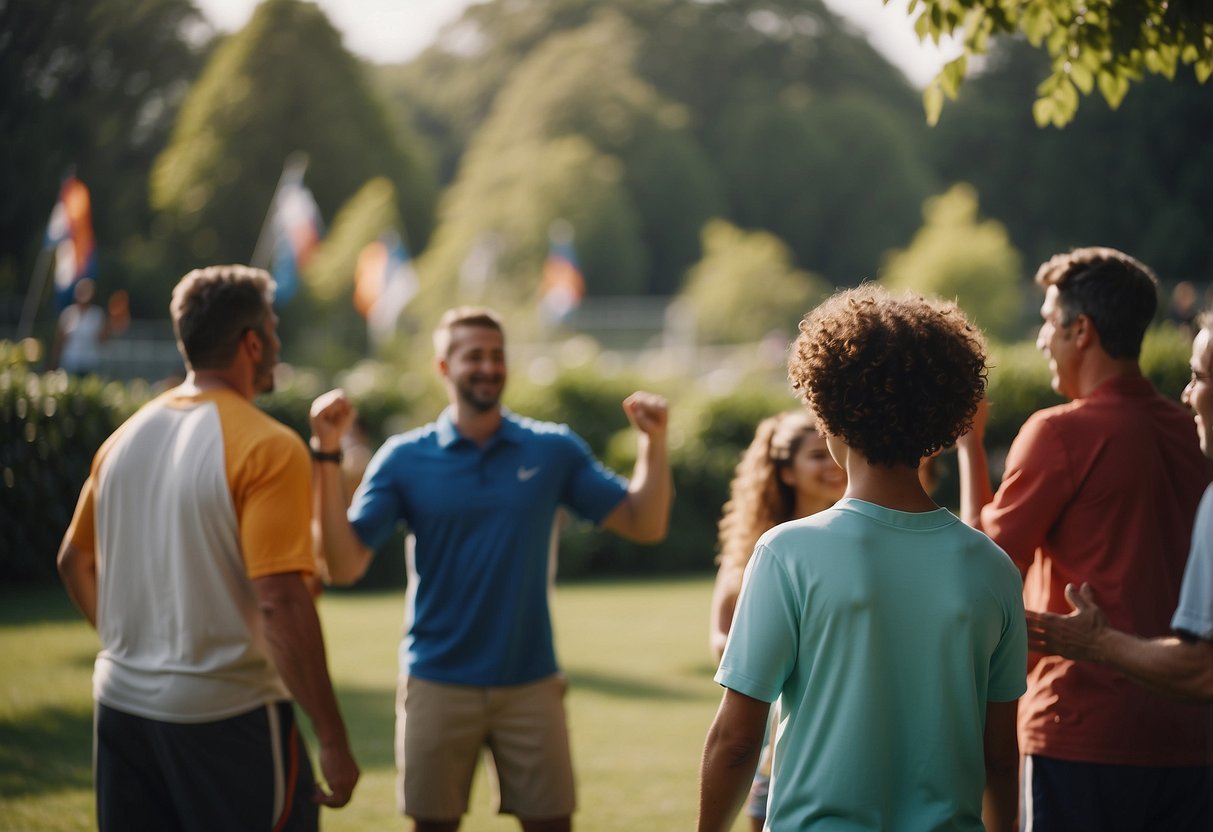 A group of people playing various sports in a vibrant garden setting, with cheering and encouragement from onlookers