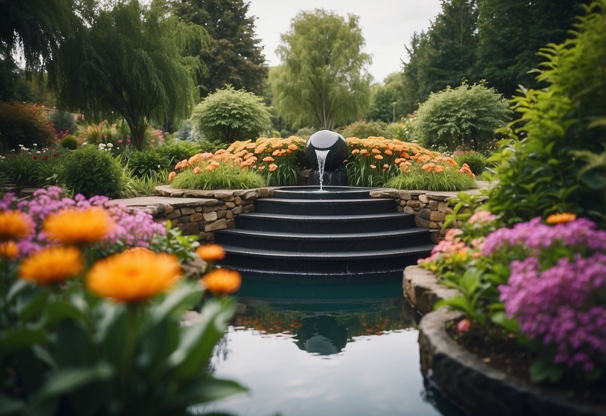 A spiral water feature surrounded by lush greenery and colorful flowers in a garden setting