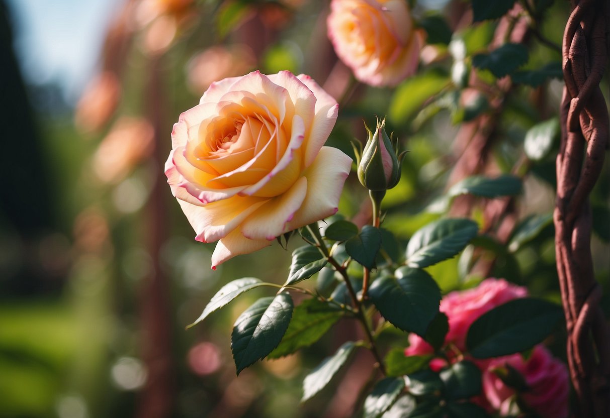 A spiral climbing rose trellis winds upward, adorned with vibrant blooms in a lush garden setting