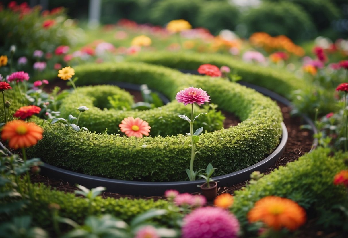 A serene spiral garden with lush greenery and colorful flowers, arranged in a calming and harmonious pattern, creating a peaceful and meditative atmosphere