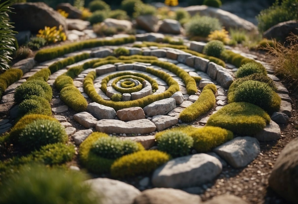 A spiral rock garden winds around a central point, with various types of rocks and plants arranged in a visually pleasing pattern