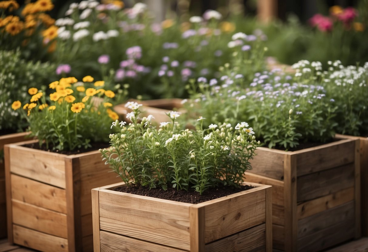 A collection of rustic-style wood planters arranged in a square garden, filled with various greenery and flowers