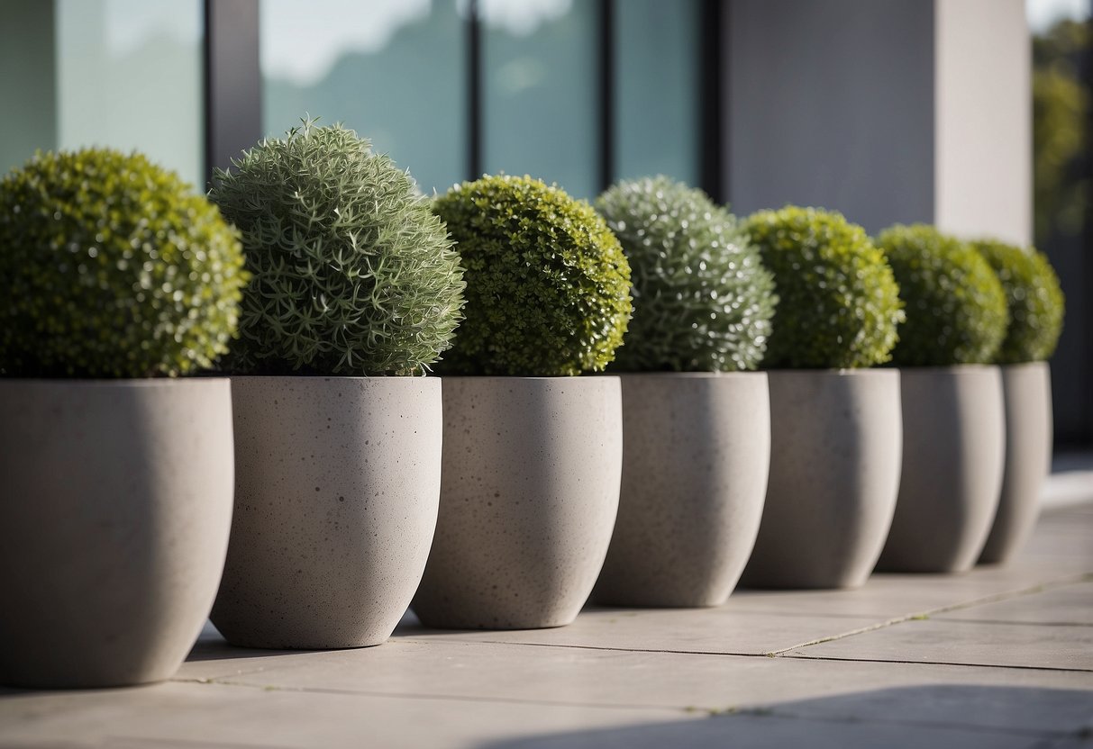 A row of sleek concrete pots arranged in a minimalist garden setting. Clean lines and simple design create a modern aesthetic