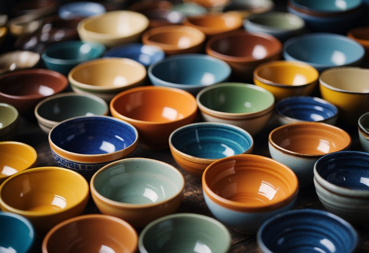 A variety of colorful ceramic bowls arranged in a square garden pot