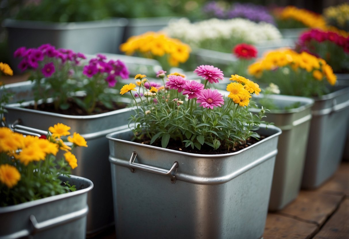 Metal buckets arranged in a square garden, filled with colorful flowers and herbs. Rustic and vintage feel