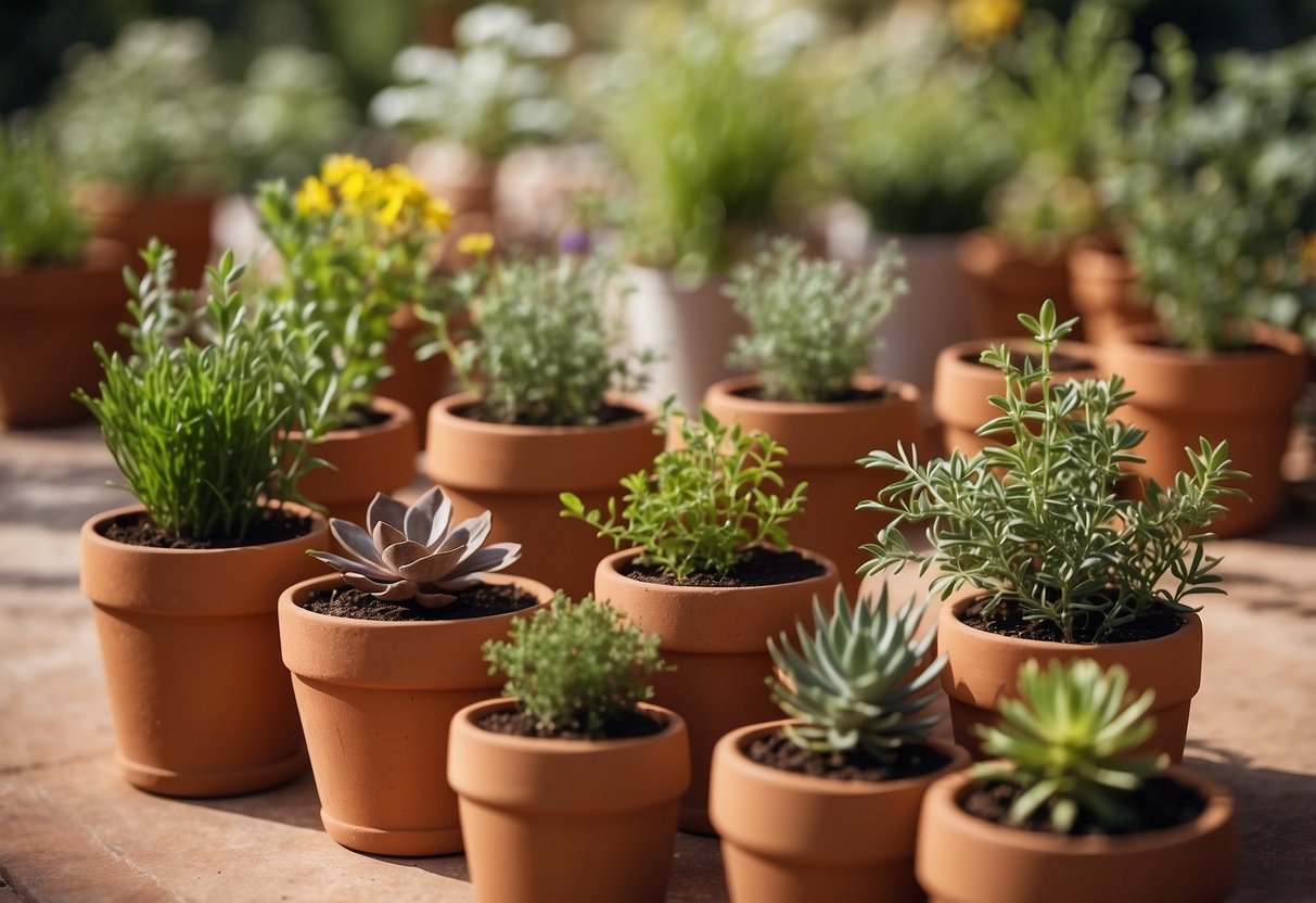 A terracotta herb garden with various square pots arranged in a creative and organized manner, showcasing different ideas for planting herbs