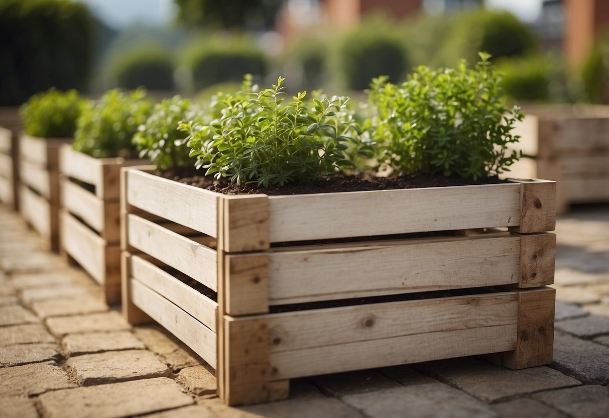 Whitewashed wooden crates arranged in a square garden pot formation