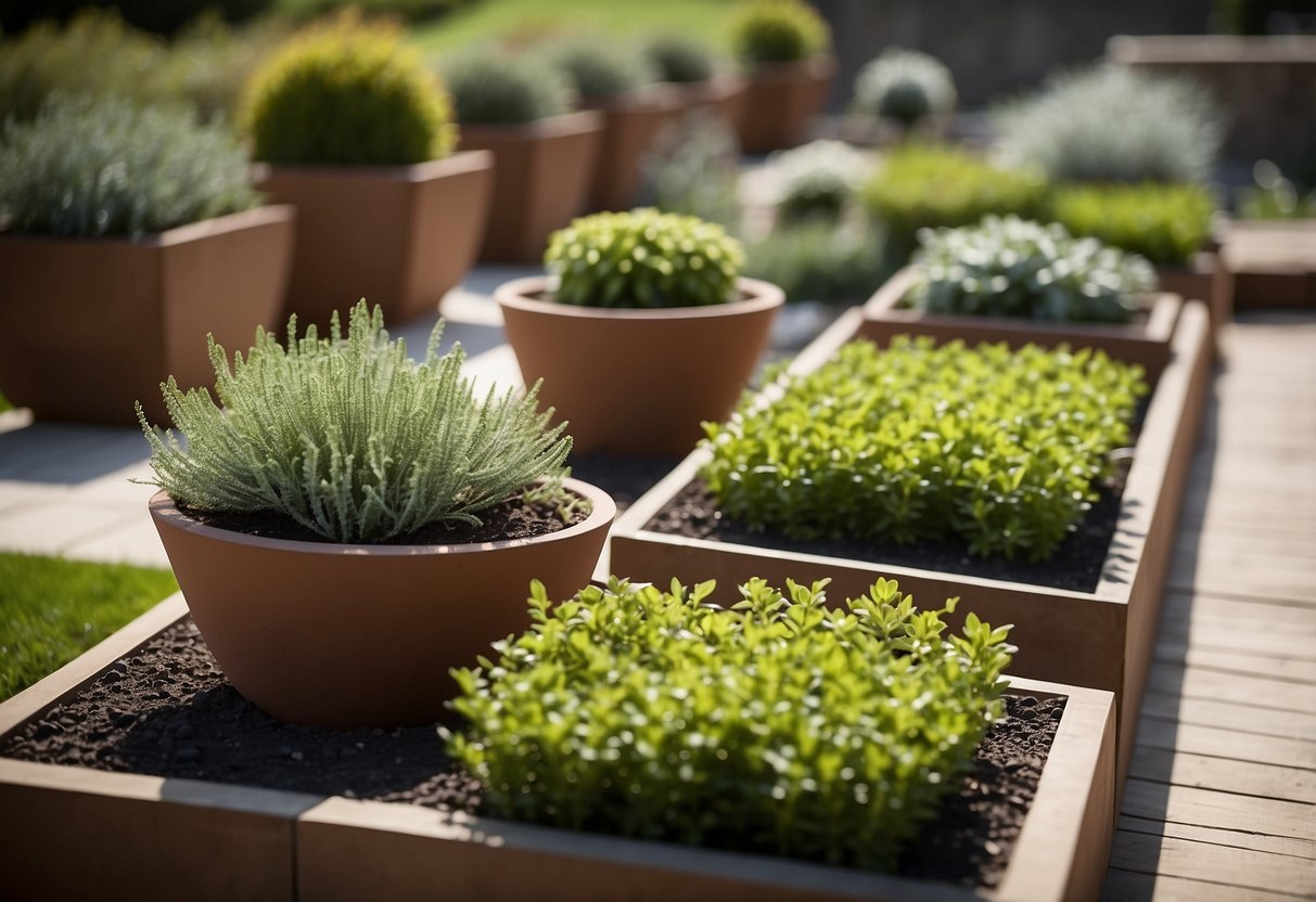 A variety of Fiberstone Planters arranged in a garden, showcasing different square pot ideas for plants