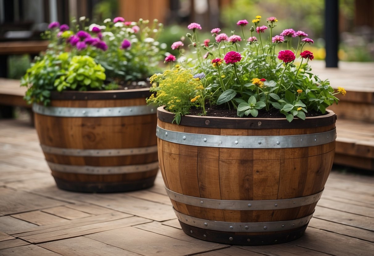 Two reclaimed wine barrel halves repurposed as square garden pots, filled with vibrant flowers and herbs, adding a rustic and sustainable touch to the outdoor space