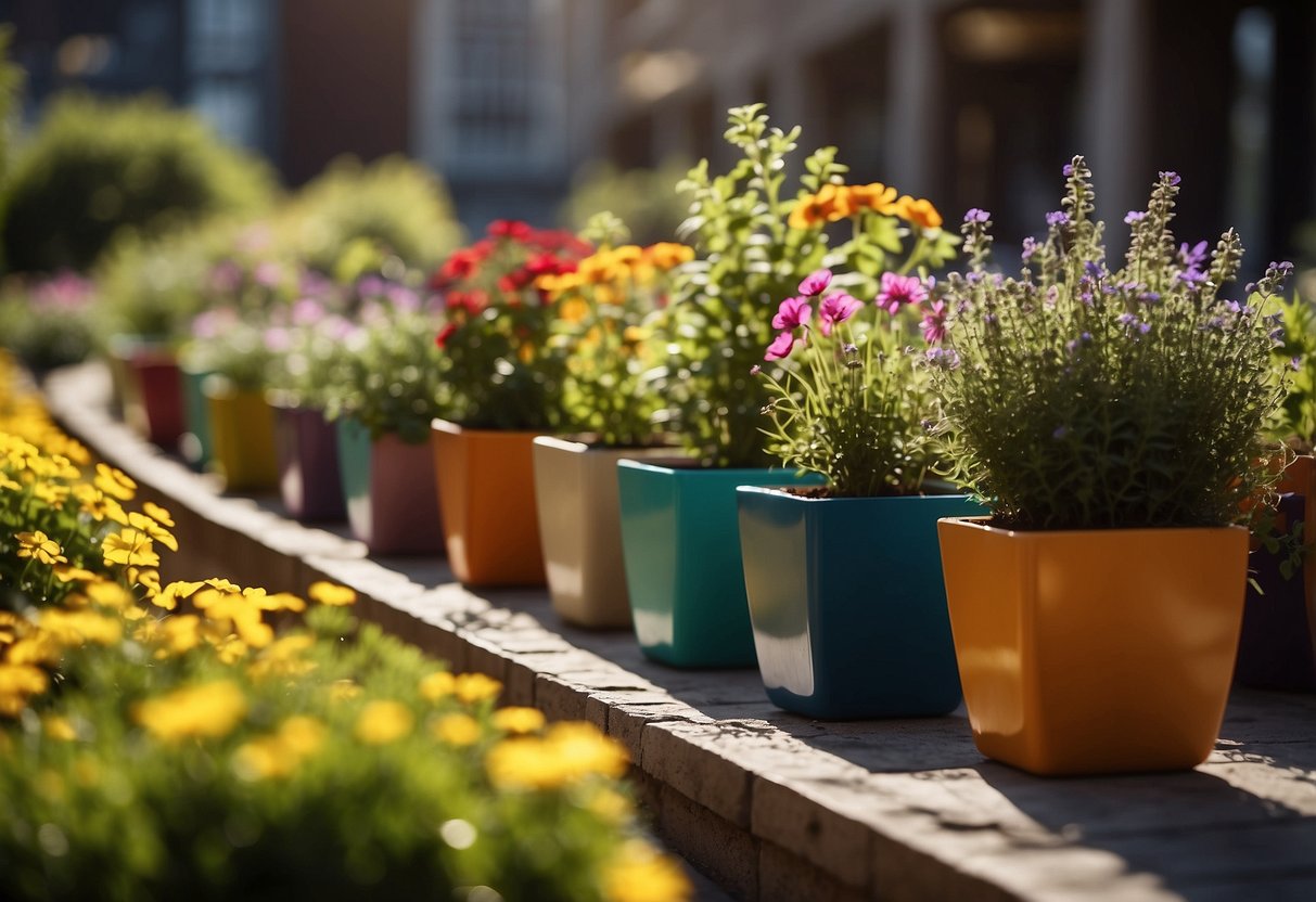 Colorful square garden pots arranged in a neat row, filled with vibrant flowers and herbs. Sunlight filters through the leaves, casting dappled shadows on the ground