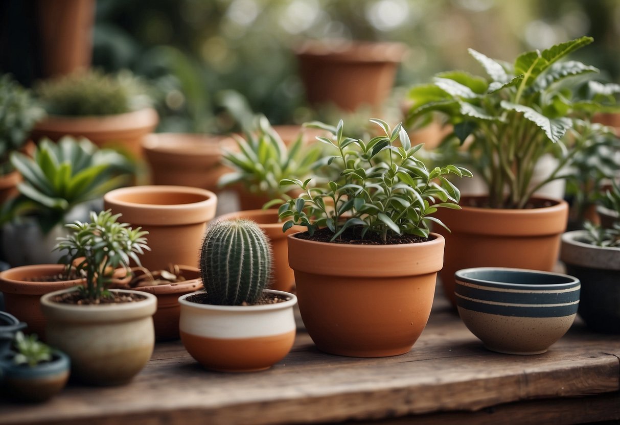 Various materials scattered around: terracotta, ceramic, metal, and plastic pots. Plants of different sizes and colors fill the pots