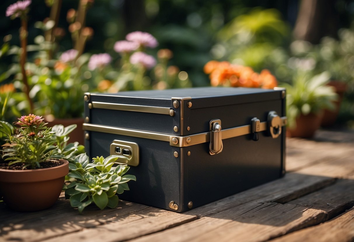 A deck box with a lock sits in a lush garden, surrounded by potted plants and flowers. The box is made of wood or plastic and has a secure lock mechanism