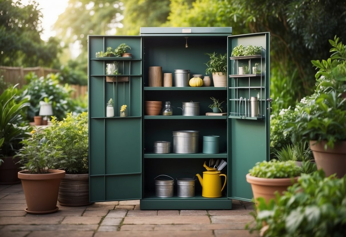 A metal utility cabinet stands against a backdrop of a lush garden, filled with gardening tools, pots, and supplies neatly organized inside