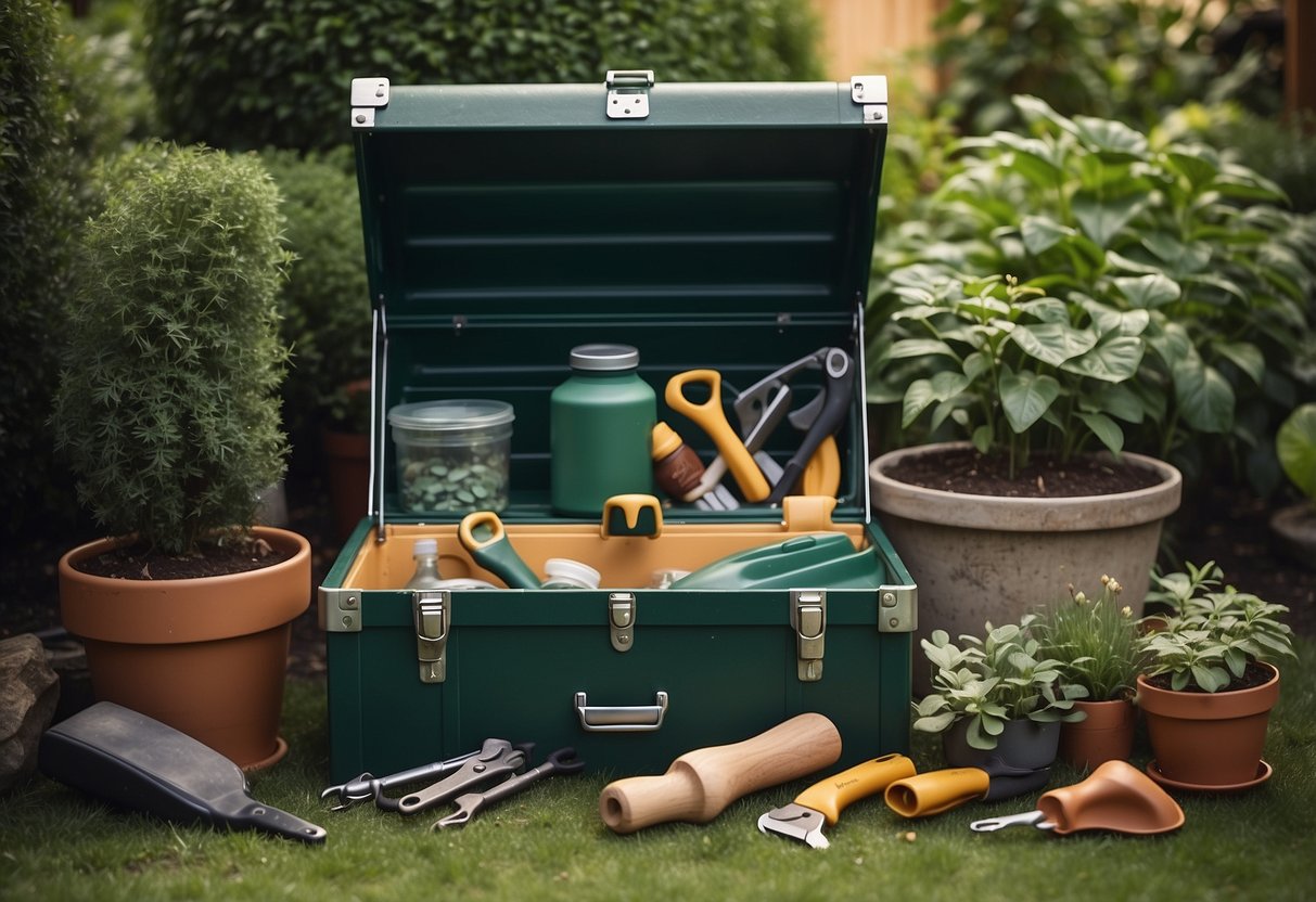 A sturdy, weatherproof storage chest sits in a lush garden, surrounded by neatly arranged gardening tools and supplies