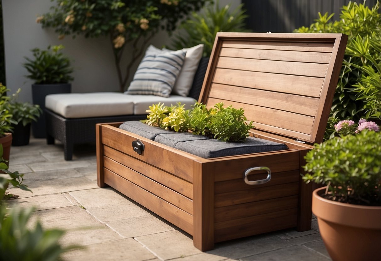 A wooden outdoor storage ottoman sits in a lush garden, surrounded by potted plants and gardening tools. The ottoman's lid is open, revealing neatly organized gardening supplies inside