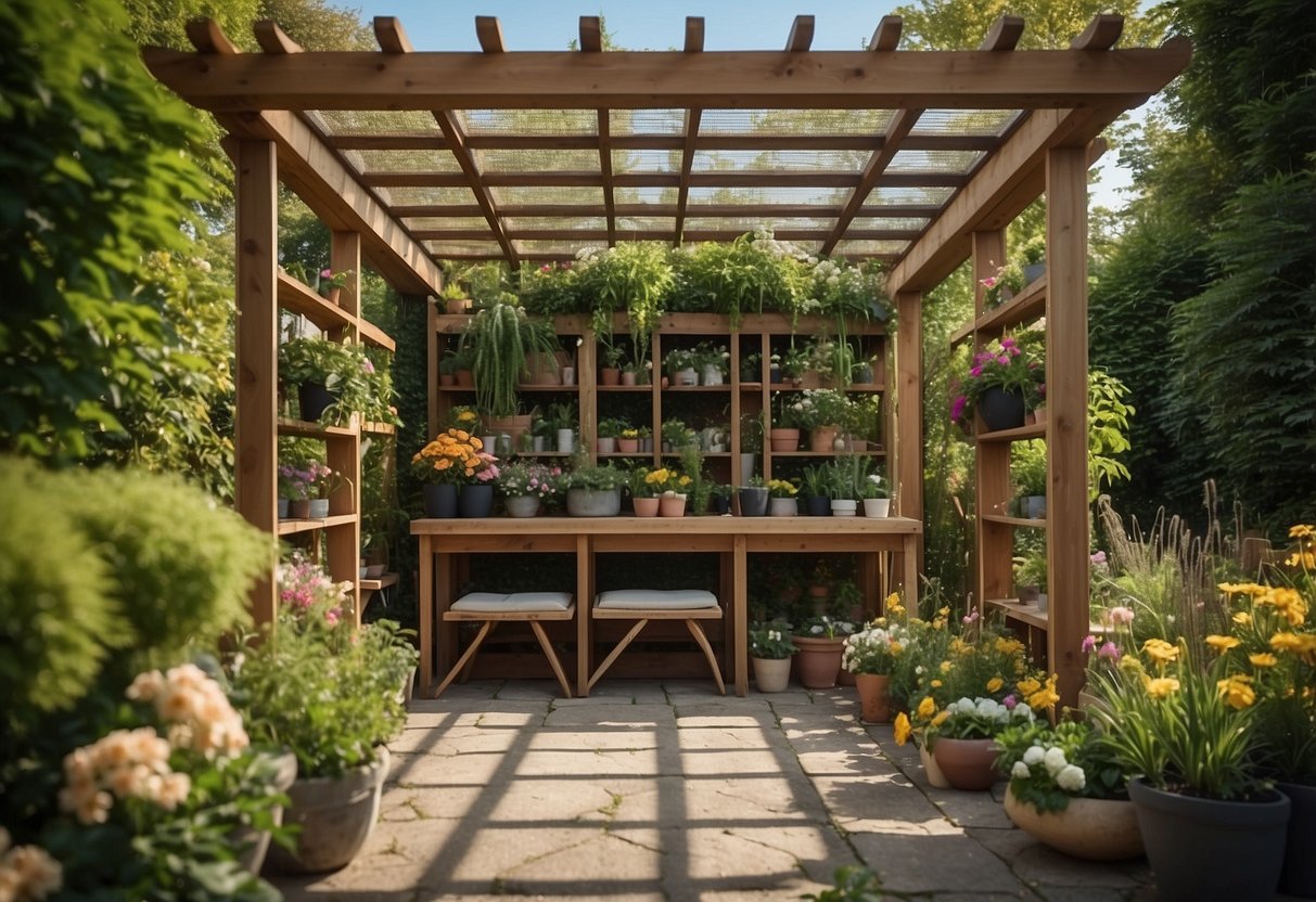 A pergola with built-in storage compartments for gardening tools and supplies, surrounded by lush greenery and blooming flowers