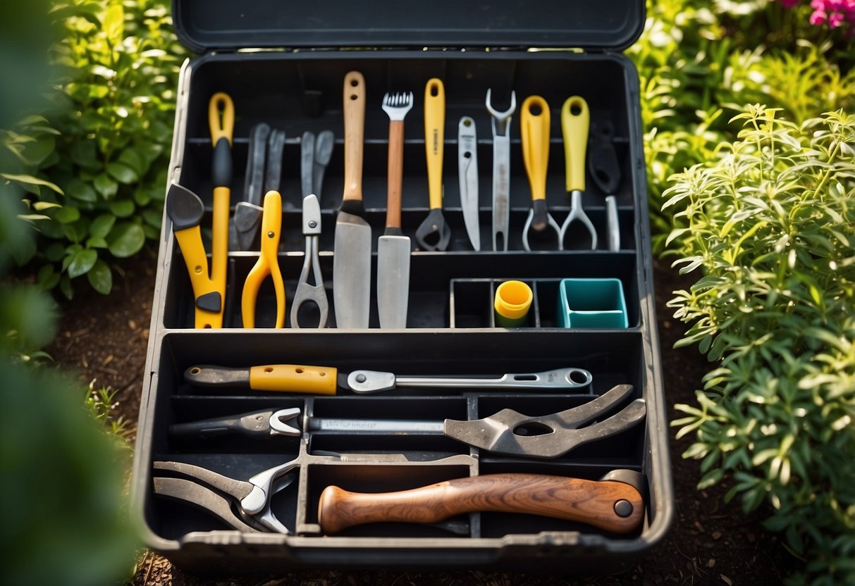 A rolling tool organizer sits in a lush garden, filled with gardening tools and supplies. The sun shines down, casting shadows on the neatly organized compartments