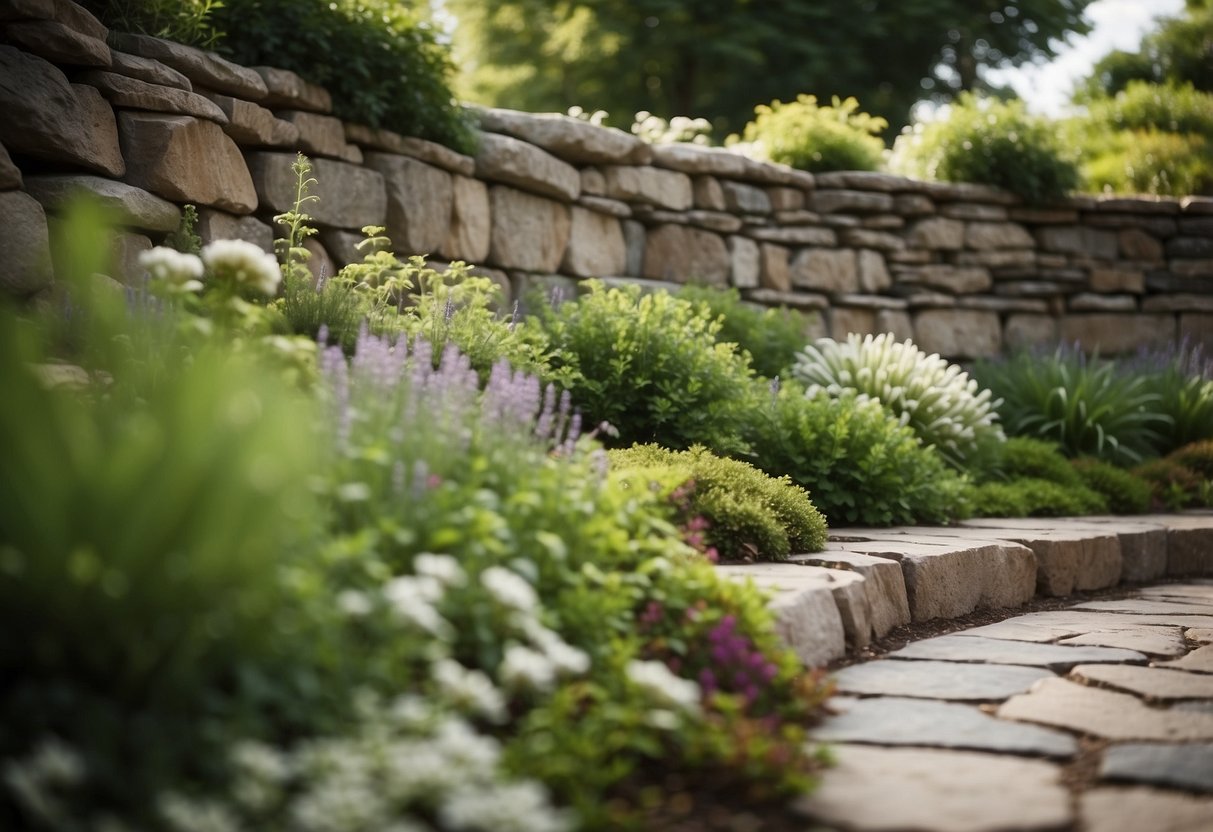 A flagstone garden wall encloses a lush garden, with a variety of plants and flowers spilling over the stone border