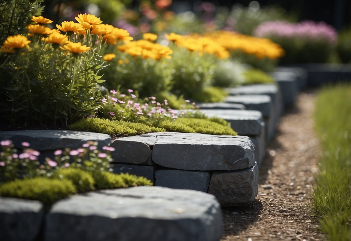 A slate stone flower bed edges a garden, bordered by stone