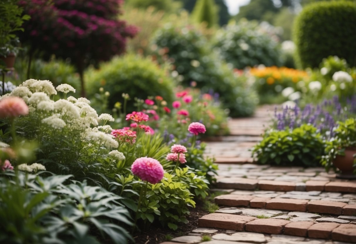 A brick border surrounds a lush garden, with stone pathways weaving through vibrant flowers and greenery