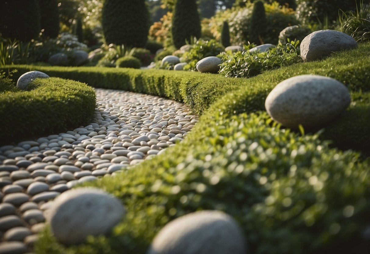 A winding pebble stone pathway bordered by lush greenery, leading through a serene garden landscape