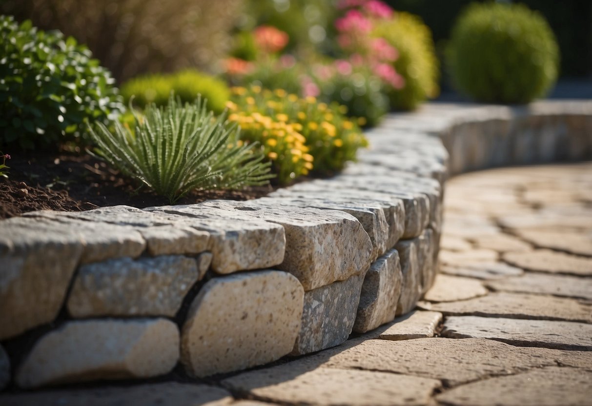 A granite rock patio edging creates a border for a garden, adding a natural and rustic touch to the outdoor space