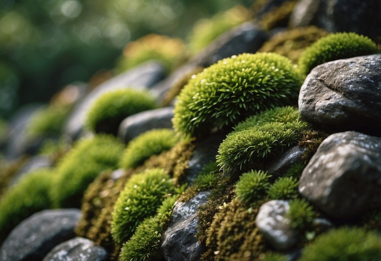 Moss-covered rocks border a lush garden, adding natural accents to the landscape