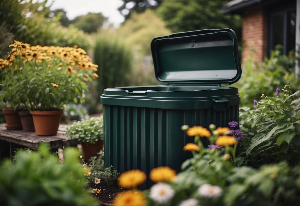 A compost bin sits in a lush garden, surrounded by thriving plants and flowers. The bin is filled with organic waste, showcasing sustainable gardening practices