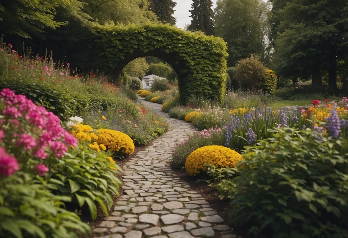 A winding stone pathway leads through a Swiss garden, bordered by colorful flowers and lush greenery