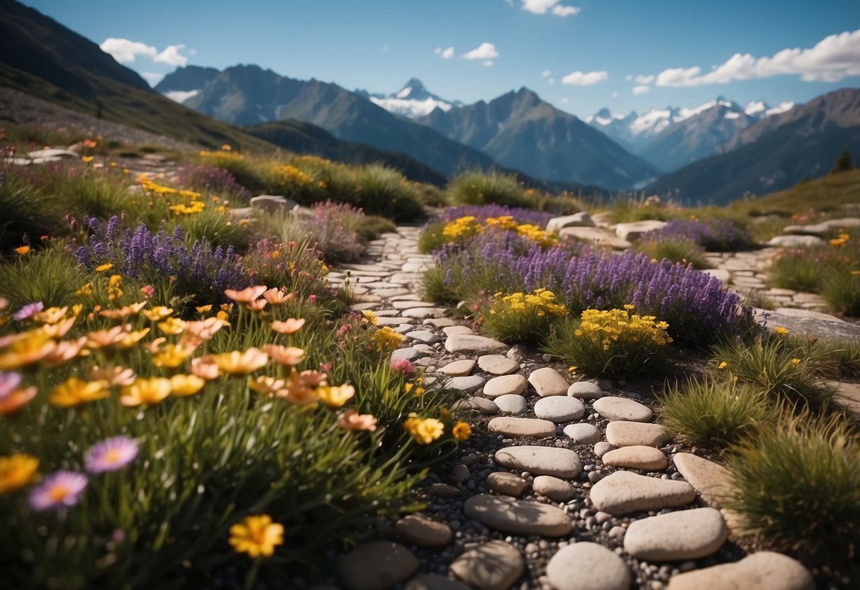 A serene alpine rock garden with a meandering path, colorful alpine flowers, and carefully placed rocks, surrounded by majestic mountain peaks