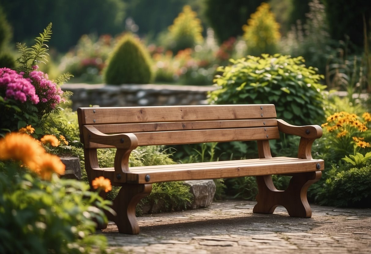 Rustic wooden benches arranged in a Swiss garden, surrounded by vibrant flowers and lush greenery