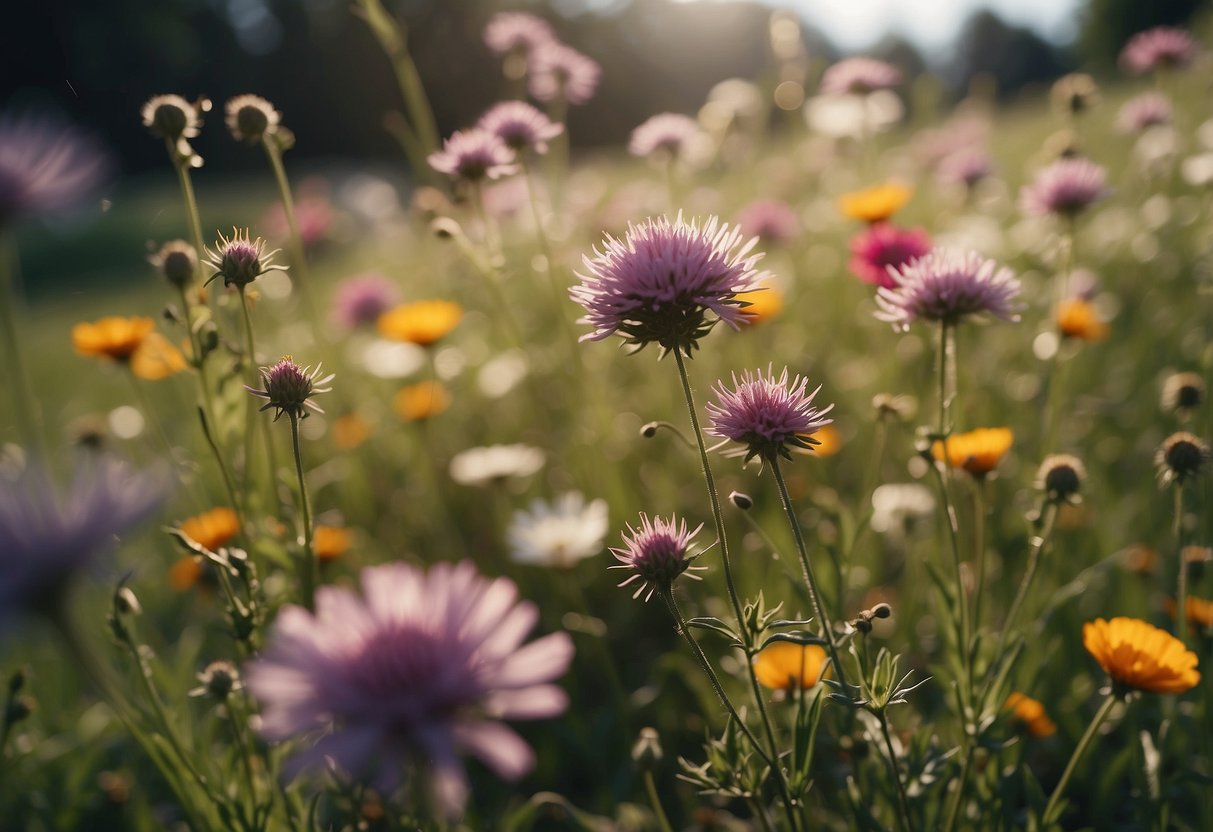 A colorful meadow blooms with wildflowers in a Swiss garden, surrounded by neatly trimmed lawns