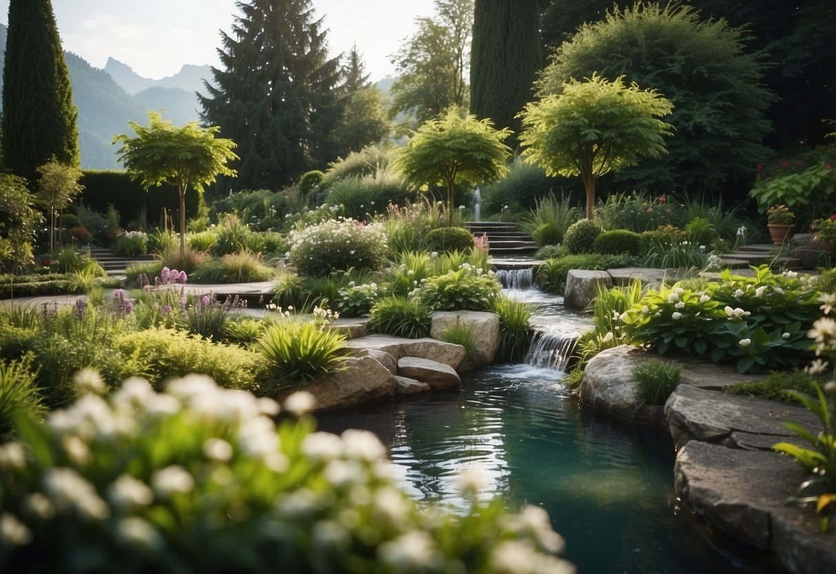 A tranquil Swiss garden with flowing water features and lush greenery