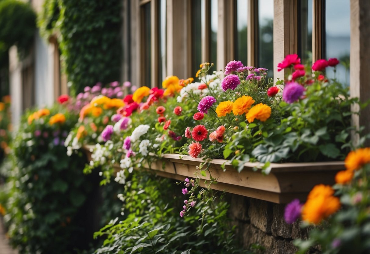 Vibrant window boxes overflow with flowers in a Swiss garden, adding pops of color against the backdrop of lush greenery and neatly trimmed hedges