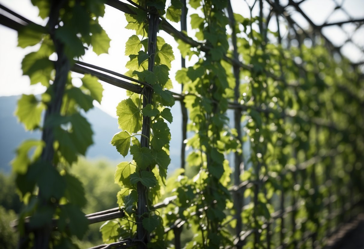 Lush green vines climb trellises in a Swiss garden, creating a picturesque scene of natural beauty and tranquility