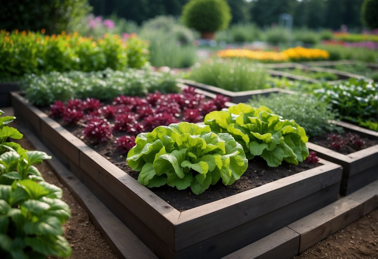 A lush vegetable plot with neatly arranged Swiss garden design, showcasing a variety of edible plants in vibrant colors and textures