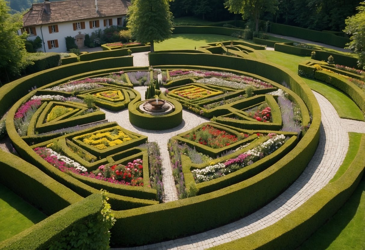 A serene Swiss garden with neatly trimmed hedges, a central fountain, and colorful flower beds arranged in geometric patterns