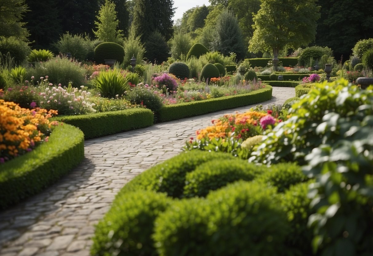 Lush greenery and vibrant flowers fill the Swiss garden, with neatly trimmed hedges and winding pathways leading to tranquil water features