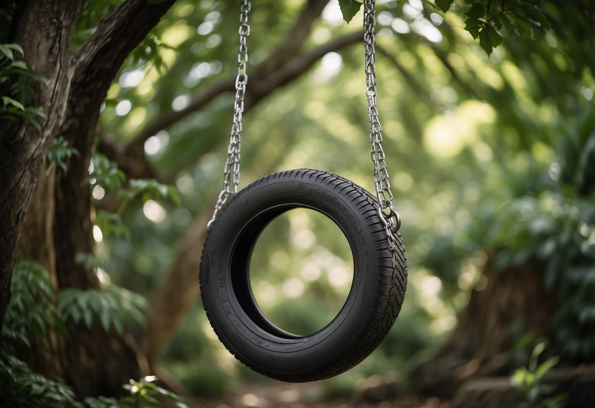 A tire swing hangs from a sturdy tree branch, secured by thick metal chains, surrounded by lush greenery in a peaceful garden setting