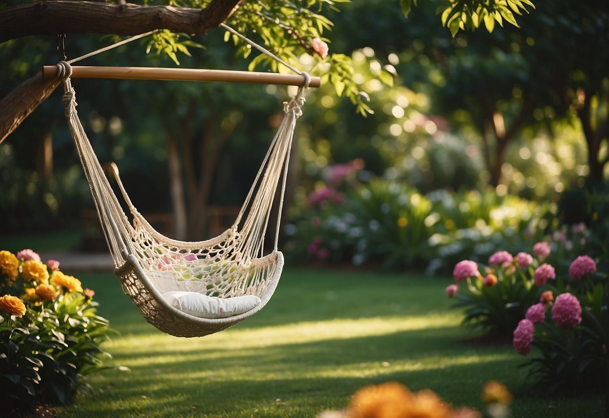 A hammock chair swing hangs from a sturdy tree branch in a lush garden, surrounded by colorful flowers and green foliage