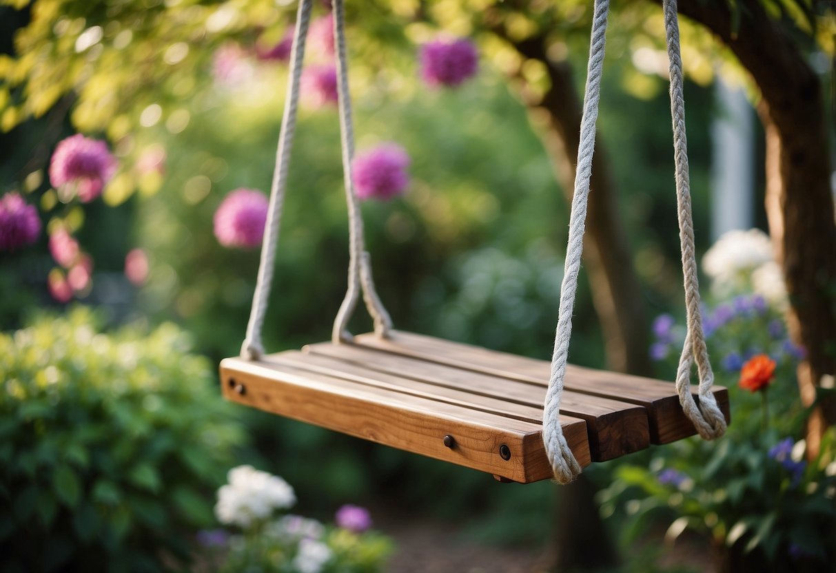 A wooden platform swing hangs from a sturdy tree branch in a lush garden, surrounded by colorful flowers and green foliage