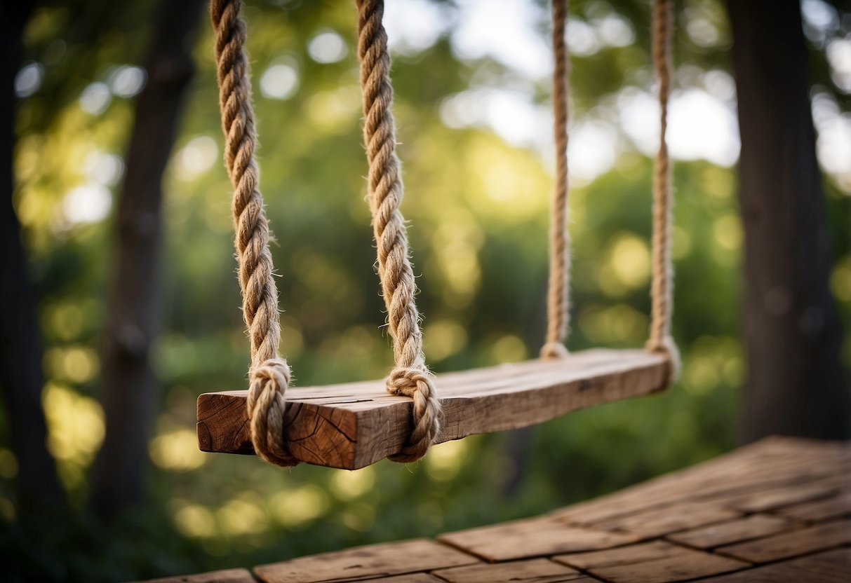 A sturdy rope suspends a wooden plank from a tall, leafy tree. The swing hangs empty, gently swaying in the breeze