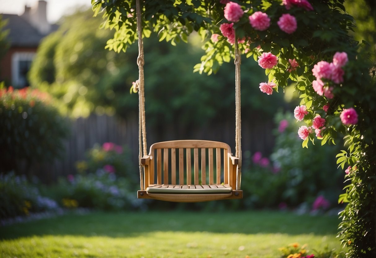 A colorful bucket toddler swing hangs from a sturdy tree branch in a lush garden, surrounded by vibrant flowers and green foliage