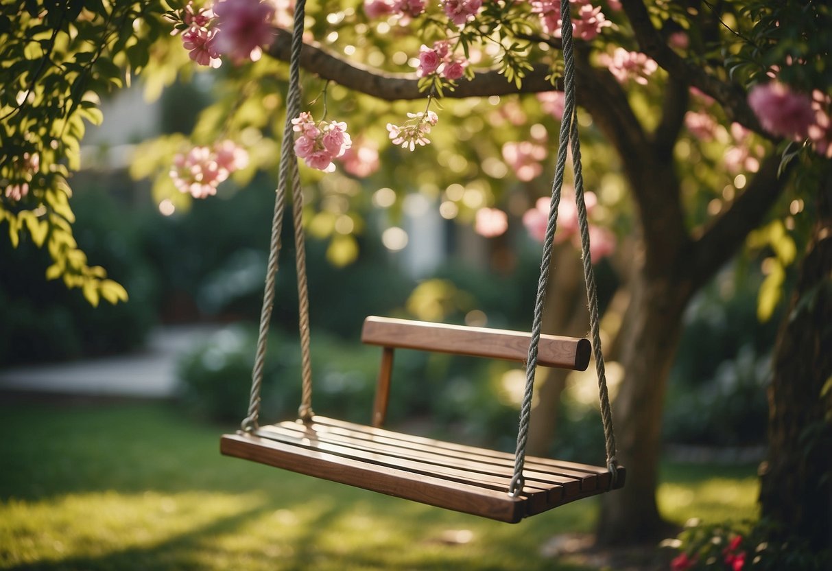 A tree swing with webbed seat hangs from a sturdy branch in a lush garden, surrounded by colorful flowers and green foliage