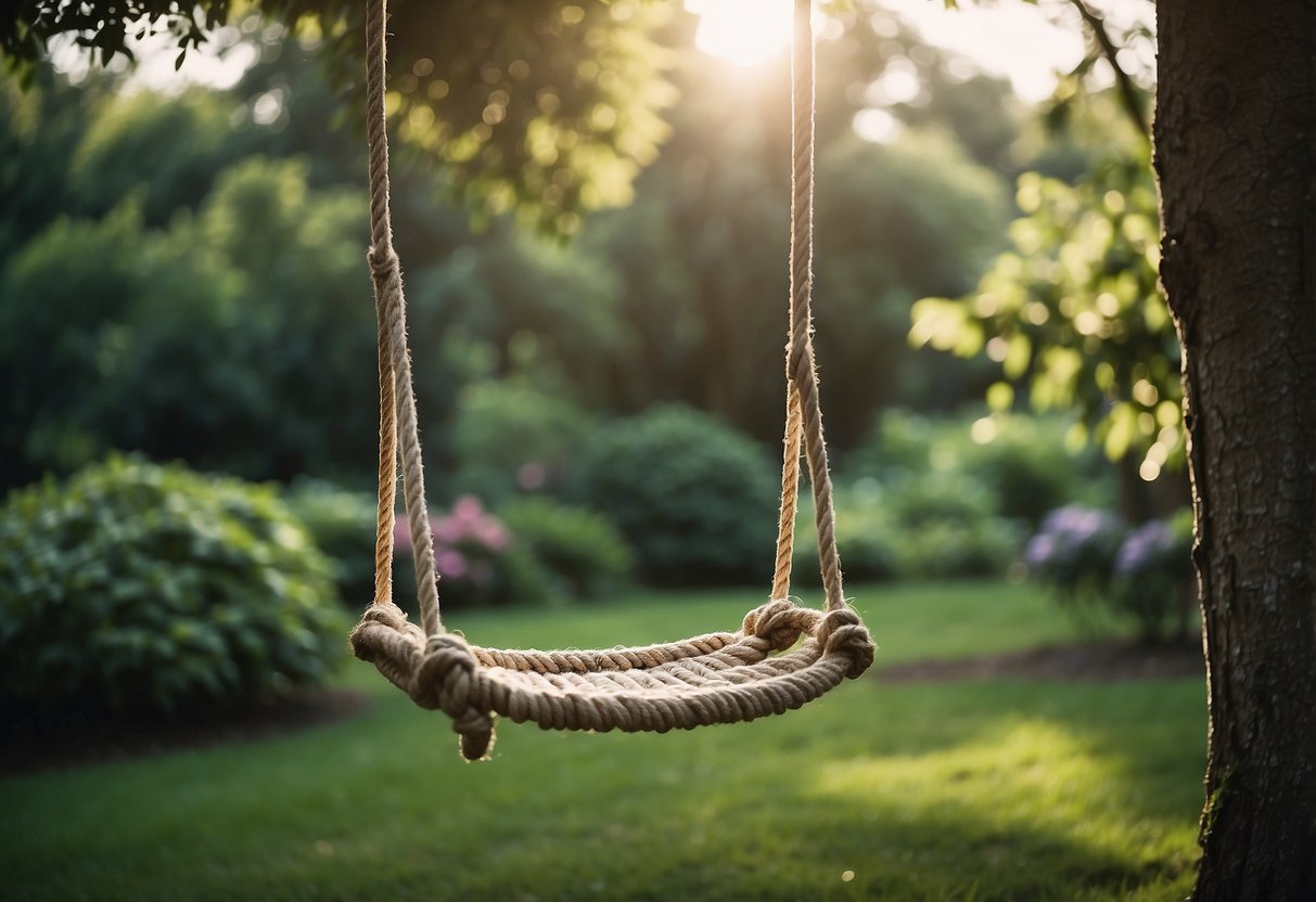 A lone rope swing hangs from a sturdy tree branch in a lush garden setting