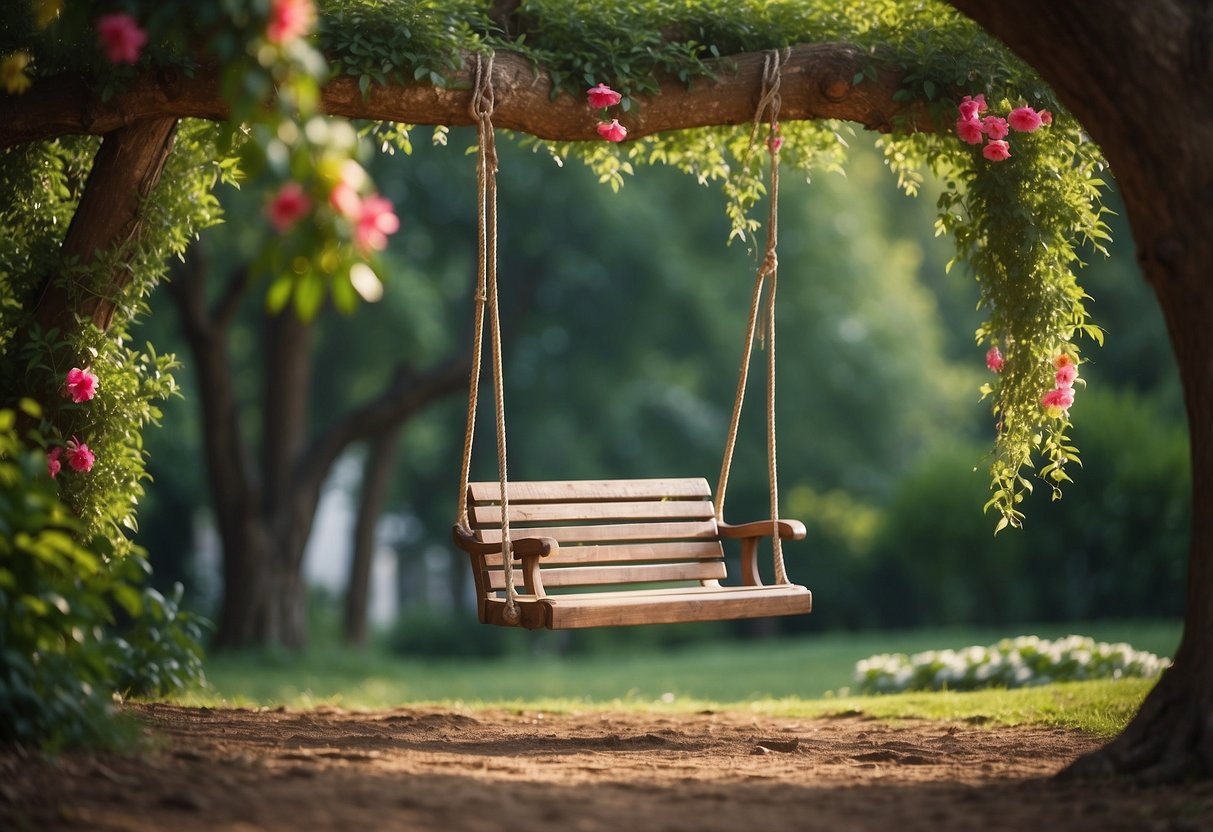 A sturdy tree with a swing hanging from a thick branch, surrounded by lush greenery and colorful flowers