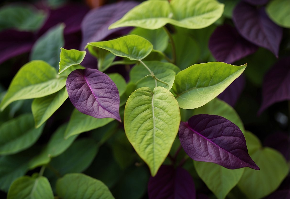 Vivid sweet potato vines twist and sprawl, their leaves ranging from deep purple to bright lime green, creating a stunning tapestry of color in the garden