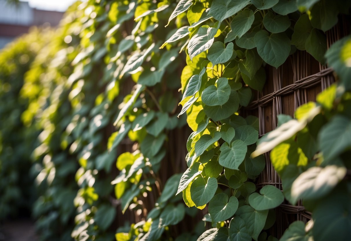 Lush sweet potato vines cascade down a trellis, creating a dense and vibrant privacy screen in a sunny garden