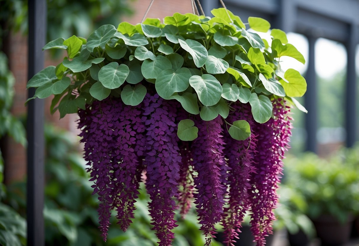 Lush, trailing sweet potato vines cascade from a hanging planter, their vibrant green and purple leaves creating a striking contrast against the backdrop of a garden